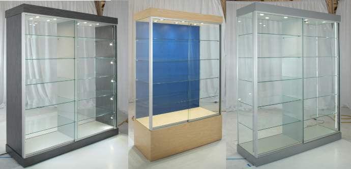 LED-lit tower display case with glass shelves