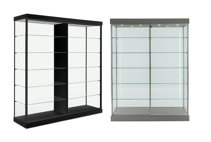 Glass trophy display case with tempered shelves