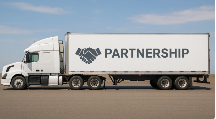 Semi-truck trailer with a partnership graphic symbolizing Tecno Display’s freight carrier relationships.