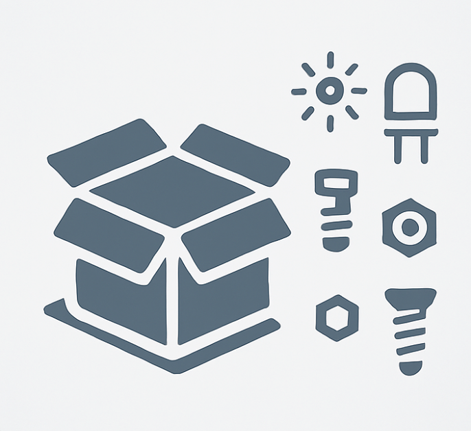Icon of an open box with LED components and hardware, indicating small parts shipped by parcel.