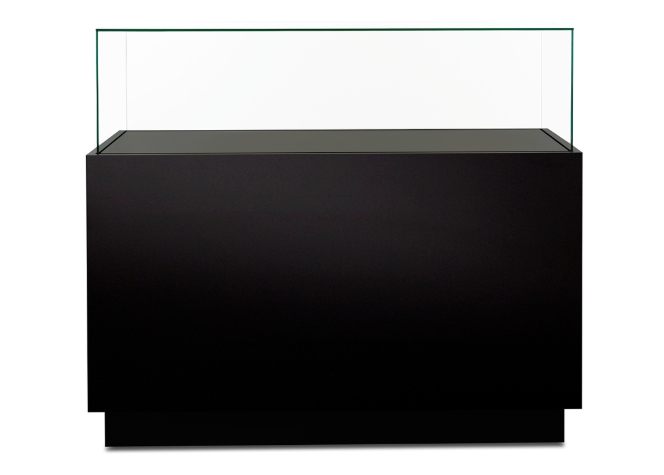 Black museum display case with glass vitrine and pedestal base.