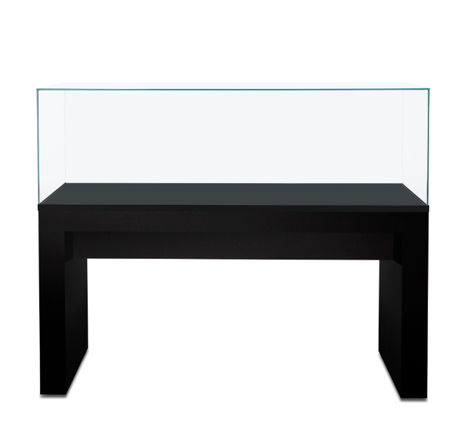 Tecno Display MU410 modern museum display case featuring a frameless glass enclosure, pneumatic locking system, removable tempered glass top, and cabinet base designed for secure artifact and collection display.