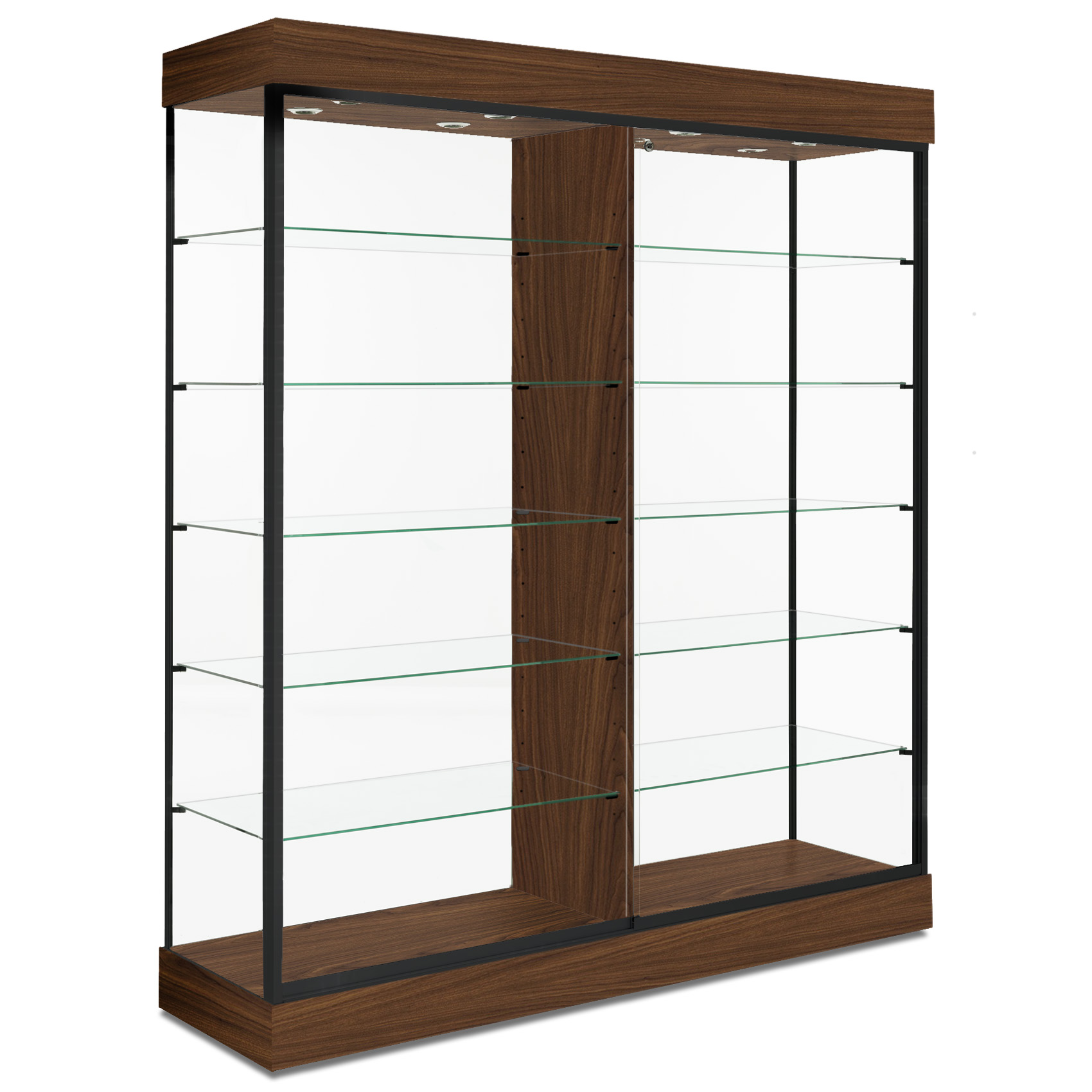 Wood and glass display case with adjustable shelves, sliding glass doors, and LED lighting.