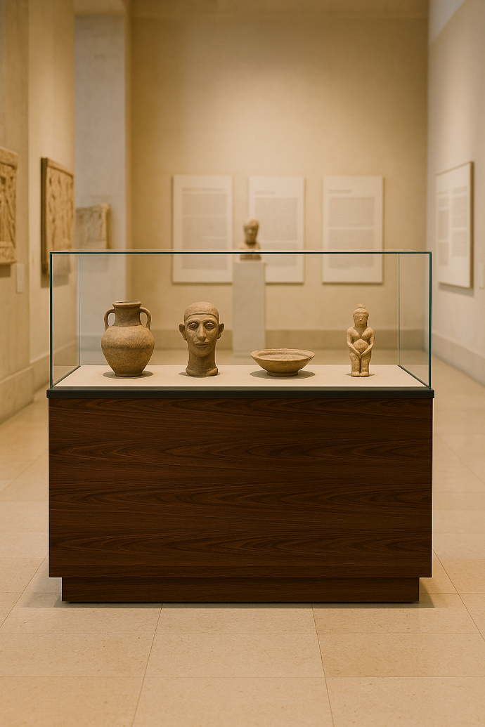 Museum display case by Tecno Display featuring ancient pottery, a sculpted head, a shallow vessel, and a small figurine in a frameless glass showcase with a wood base, displayed in a gallery setting.